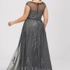 Formal & Evening | A-line Scoop Illusion Floor-Length Lace Tulle Evening Dress With Sequins Beading Steel Grey – Womens