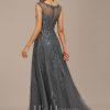 Formal & Evening | A-line Scoop Illusion Floor-Length Lace Tulle Evening Dress With Sequins Beading Steel Grey – Womens