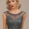 Formal & Evening | A-line Scoop Illusion Floor-Length Lace Tulle Evening Dress With Sequins Beading Steel Grey – Womens