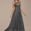 Formal & Evening | A-line Scoop Illusion Floor-Length Lace Tulle Evening Dress With Sequins Beading Steel Grey – Womens