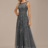 Formal & Evening | A-line Scoop Illusion Floor-Length Lace Tulle Evening Dress With Sequins Beading Steel Grey – Womens