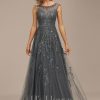 Formal & Evening | A-line Scoop Illusion Floor-Length Lace Tulle Evening Dress With Sequins Beading Steel Grey – Womens