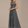 Formal & Evening | A-line Scoop Illusion Floor-Length Lace Tulle Evening Dress With Sequins Beading Steel Grey – Womens