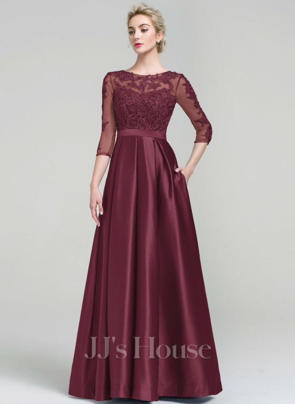 Formal & Evening | A-line Scoop Illusion Floor-Length Satin Lace Evening Dress As Picture – Womens