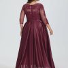 Formal & Evening | A-line Scoop Illusion Floor-Length Satin Lace Evening Dress As Picture – Womens