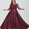 Formal & Evening | A-line Scoop Illusion Floor-Length Satin Lace Evening Dress As Picture – Womens