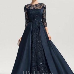 Formal & Evening | A-line Scoop Illusion Floor-Length Satin Lace Evening Dress With Sequins Dark Navy – Womens