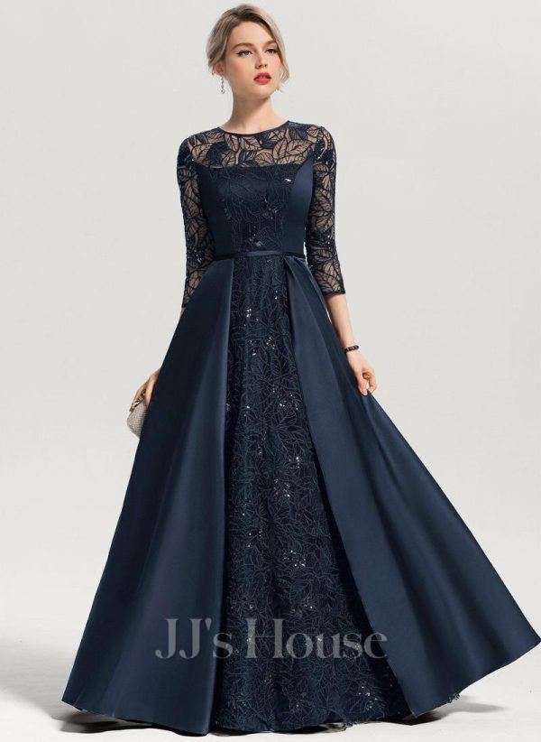 Formal & Evening | A-line Scoop Illusion Floor-Length Satin Lace Evening Dress With Sequins Dark Navy – Womens