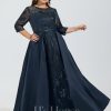 Formal & Evening | A-line Scoop Illusion Floor-Length Satin Lace Evening Dress With Sequins Dark Navy – Womens