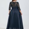 Formal & Evening | A-line Scoop Illusion Floor-Length Satin Lace Evening Dress With Sequins Dark Navy – Womens