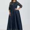 Formal & Evening | A-line Scoop Illusion Floor-Length Satin Lace Evening Dress With Sequins Dark Navy – Womens