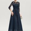 Formal & Evening | A-line Scoop Illusion Floor-Length Satin Lace Evening Dress With Sequins Dark Navy – Womens