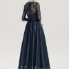 Formal & Evening | A-line Scoop Illusion Floor-Length Satin Lace Evening Dress With Sequins Dark Navy – Womens