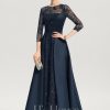 Formal & Evening | A-line Scoop Illusion Floor-Length Satin Lace Evening Dress With Sequins Dark Navy – Womens