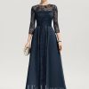 Formal & Evening | A-line Scoop Illusion Floor-Length Satin Lace Evening Dress With Sequins Dark Navy – Womens