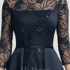 Formal & Evening | A-line Scoop Illusion Floor-Length Satin Lace Evening Dress With Sequins Dark Navy – Womens