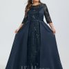 Formal & Evening | A-line Scoop Illusion Floor-Length Satin Lace Evening Dress With Sequins Dark Navy – Womens