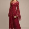 Formal & Evening | A-line Scoop Illusion Floor-Length Tulle Lace Evening Dress With Sequins Burgundy – Womens