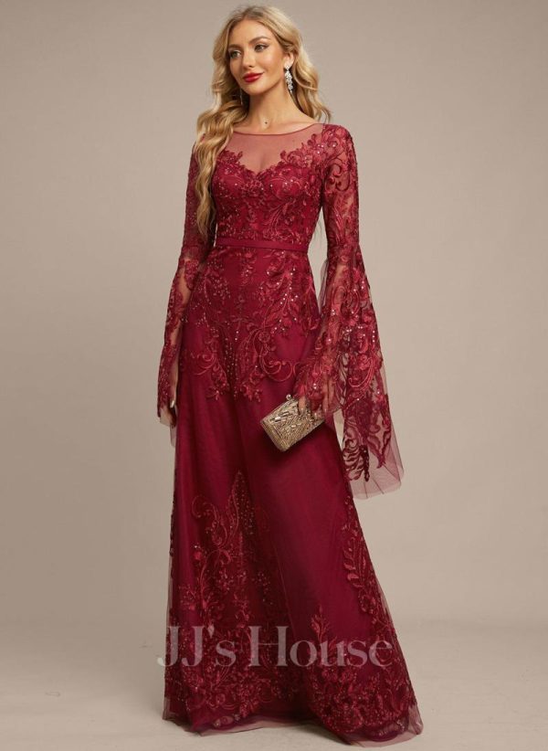 Formal & Evening | A-line Scoop Illusion Floor-Length Tulle Lace Evening Dress With Sequins Burgundy – Womens