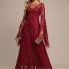 Formal & Evening | A-line Scoop Illusion Floor-Length Tulle Lace Evening Dress With Sequins Burgundy – Womens