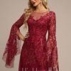 Formal & Evening | A-line Scoop Illusion Floor-Length Tulle Lace Evening Dress With Sequins Burgundy – Womens