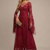 Formal & Evening | A-line Scoop Illusion Floor-Length Tulle Lace Evening Dress With Sequins Burgundy – Womens