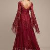 Formal & Evening | A-line Scoop Illusion Floor-Length Tulle Lace Evening Dress With Sequins Burgundy – Womens