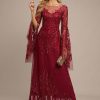 Formal & Evening | A-line Scoop Illusion Floor-Length Tulle Lace Evening Dress With Sequins Burgundy – Womens