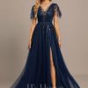 Formal & Evening | A-line Scoop Illusion Floor-Length Tulle Lace Evening Dress With Sequins Dark Navy – Womens