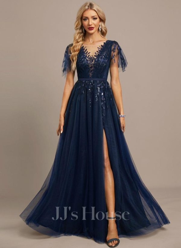 Formal & Evening | A-line Scoop Illusion Floor-Length Tulle Lace Evening Dress With Sequins Dark Navy – Womens