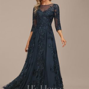 Formal & Evening | A-line Scoop Illusion Floor-Length Tulle Lace Evening Dress With Sequins Dark Navy – Womens