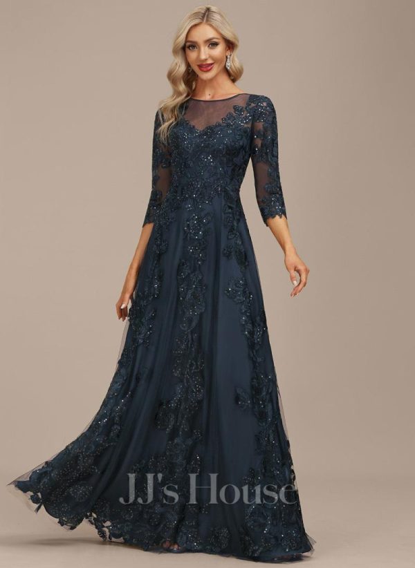 Formal & Evening | A-line Scoop Illusion Floor-Length Tulle Lace Evening Dress With Sequins Dark Navy – Womens