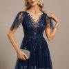 Formal & Evening | A-line Scoop Illusion Floor-Length Tulle Lace Evening Dress With Sequins Dark Navy – Womens