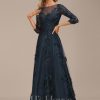 Formal & Evening | A-line Scoop Illusion Floor-Length Tulle Lace Evening Dress With Sequins Dark Navy – Womens