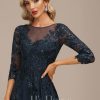 Formal & Evening | A-line Scoop Illusion Floor-Length Tulle Lace Evening Dress With Sequins Dark Navy – Womens