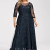 Formal & Evening | A-line Scoop Illusion Floor-Length Tulle Lace Evening Dress With Sequins Dark Navy – Womens