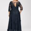 Formal & Evening | A-line Scoop Illusion Floor-Length Tulle Lace Evening Dress With Sequins Dark Navy – Womens