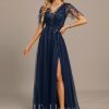 Formal & Evening | A-line Scoop Illusion Floor-Length Tulle Lace Evening Dress With Sequins Dark Navy – Womens