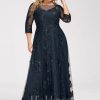 Formal & Evening | A-line Scoop Illusion Floor-Length Tulle Lace Evening Dress With Sequins Dark Navy – Womens