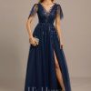 Formal & Evening | A-line Scoop Illusion Floor-Length Tulle Lace Evening Dress With Sequins Dark Navy – Womens