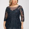 Formal & Evening | A-line Scoop Illusion Floor-Length Tulle Lace Evening Dress With Sequins Dark Navy – Womens