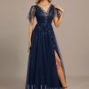 Formal & Evening | A-line Scoop Illusion Floor-Length Tulle Lace Evening Dress With Sequins Dark Navy – Womens