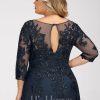 Formal & Evening | A-line Scoop Illusion Floor-Length Tulle Lace Evening Dress With Sequins Dark Navy – Womens