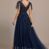 Formal & Evening | A-line Scoop Illusion Floor-Length Tulle Lace Evening Dress With Sequins Dark Navy – Womens