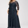 Formal & Evening | A-line Scoop Illusion Floor-Length Tulle Lace Evening Dress With Sequins Dark Navy – Womens