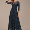 Formal & Evening | A-line Scoop Illusion Floor-Length Tulle Lace Evening Dress With Sequins Dark Navy – Womens