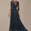 Formal & Evening | A-line Scoop Illusion Floor-Length Tulle Lace Evening Dress With Sequins Dark Navy – Womens