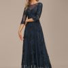 Formal & Evening | A-line Scoop Illusion Floor-Length Tulle Lace Evening Dress With Sequins Dark Navy – Womens