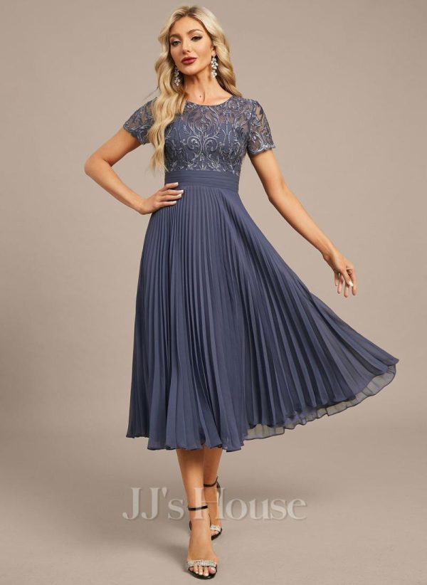 Formal & Evening | A-line Scoop Illusion Tea-Length Lace Chiffon Evening Dress With Pleated Sequins Stormy – Womens