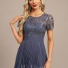 Formal & Evening | A-line Scoop Illusion Tea-Length Lace Chiffon Evening Dress With Pleated Sequins Stormy – Womens